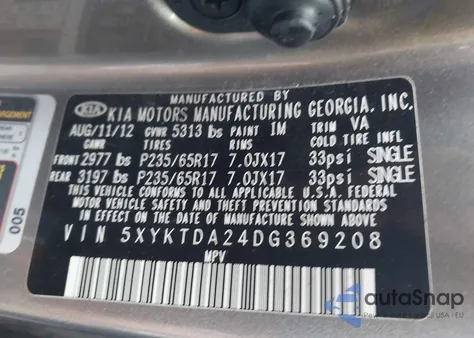 2013 Kia Sorento Lx V6 z USA, uszkodzony, nr VIN 5XYKTDA24DG369208